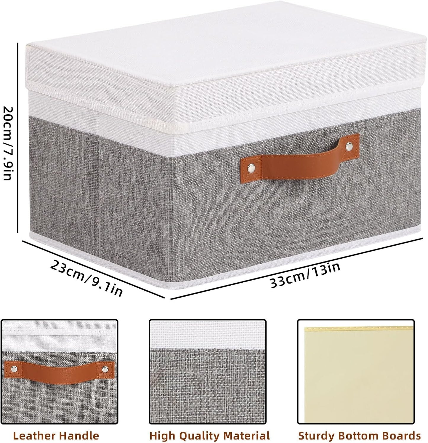 Fabric Storage Boxes with Lids, Linen Foldable Cloth Baskets, Closet Organizer Containers with Double Handles, Sweater Bins for Bedroom, White and Grey, 5 Pack, 13 x 9.1 x 7.9 Inch