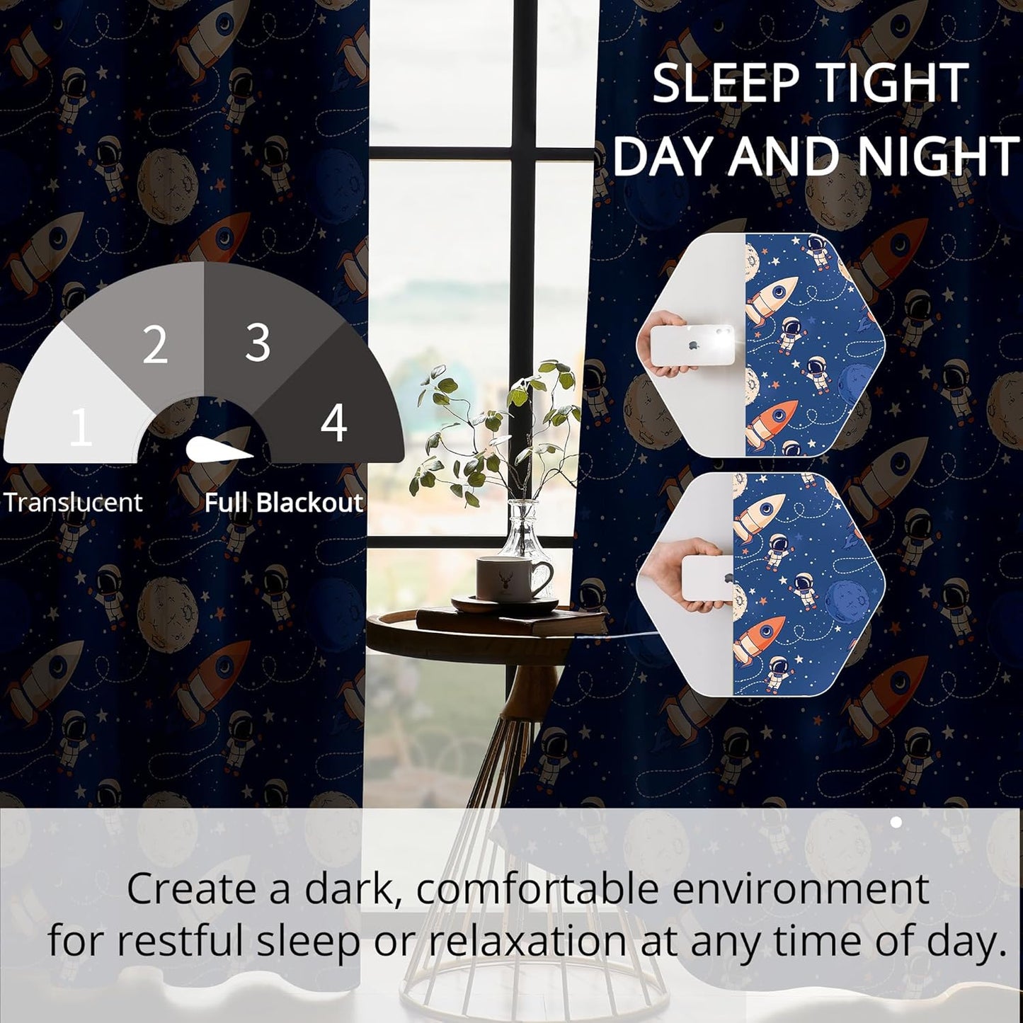 Kids Space Astronaut and Rocket Blackout Curtains - 100% Blackout, Thermal Insulated, Noise Reducing, Perfect for Kids Room and Nursery, 2 Panels (Orbiting Astronauts, W52×L63)