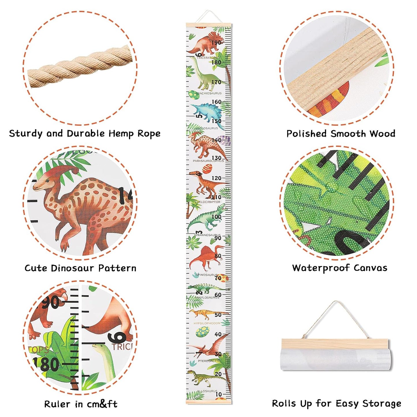Kids Dinosaur Growth Chart Height Measuring Chart, Canvas Wall Hanging Rulers for Baby Children Kids Boys Bedroom Decor