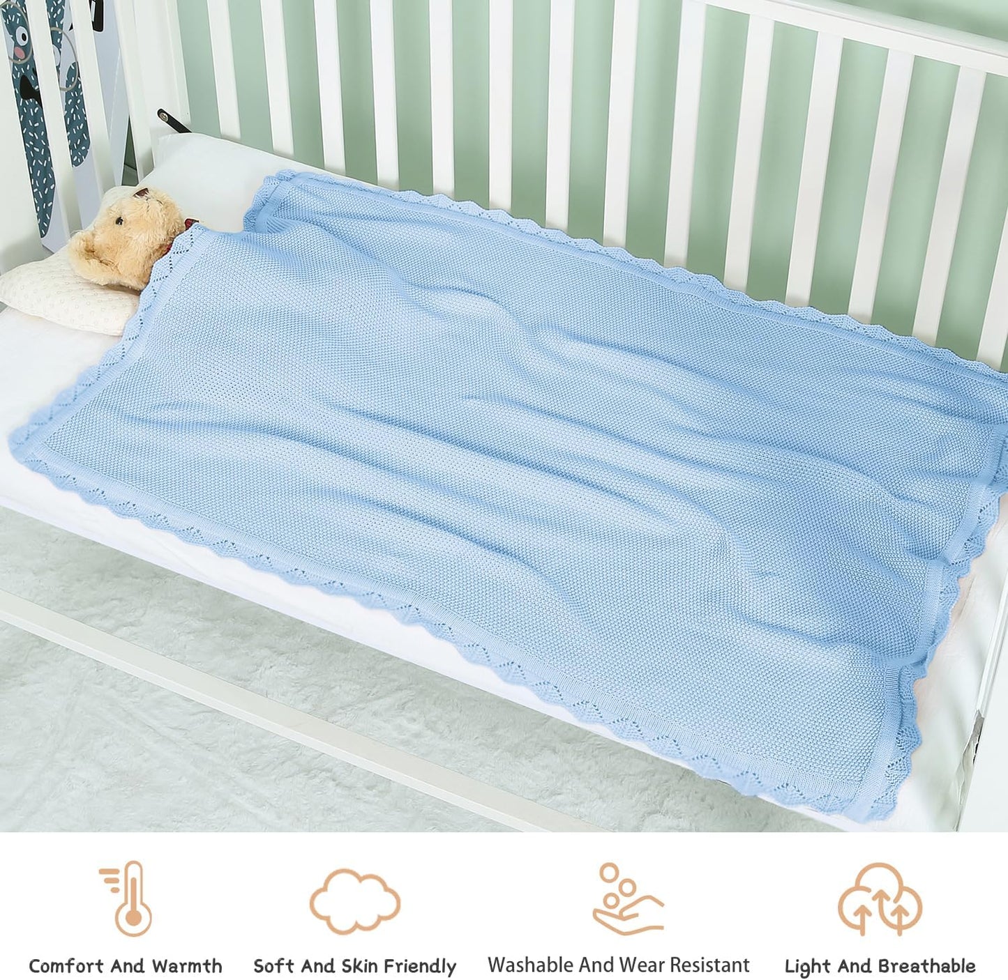100% Cotton Baby Blanket Knit Lace Soft Warm Toddler Blanket,30 x 40 Inches,Sky Blue