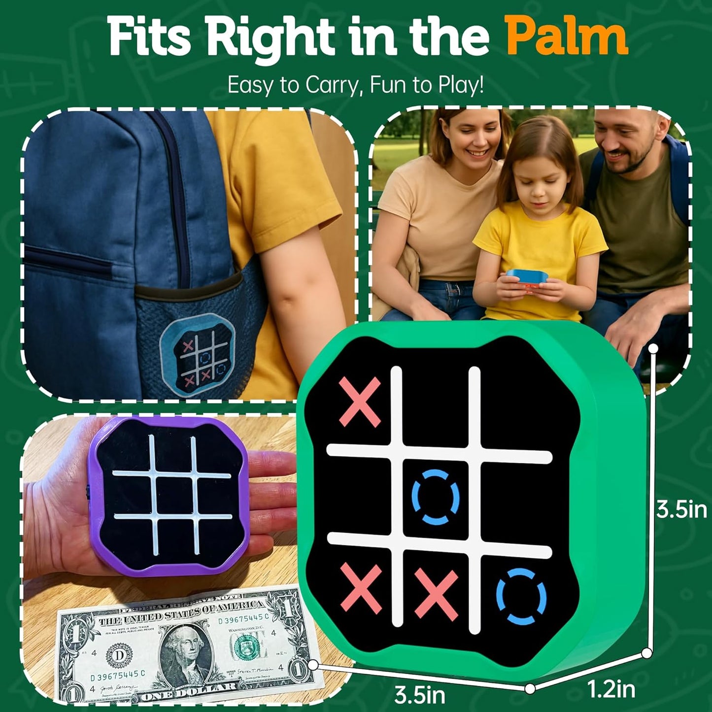 3 in 1 Electronic Tic Tac Toe Game, Handheld Digital Tic Tac Toe Bolt Game with Silent Mode, Portable Learing Toy Gift for Kids & Adults, Green(One Pack)