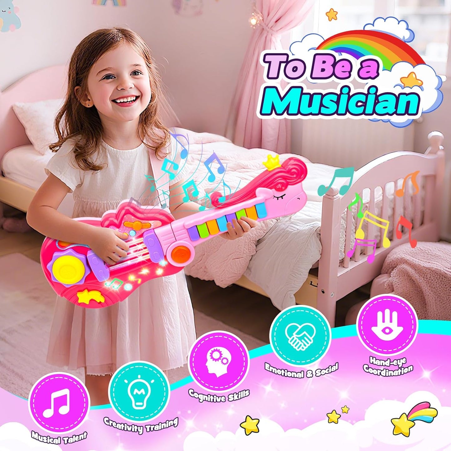 Kids Guitar Toy for 3 Year Old Girl Gift 2-in-1 Electric Guitars with Piano Mode for Toddlers 2-4 Light Up Music Toys for 2 3 4 5 Year Old Girls Boys Gifts