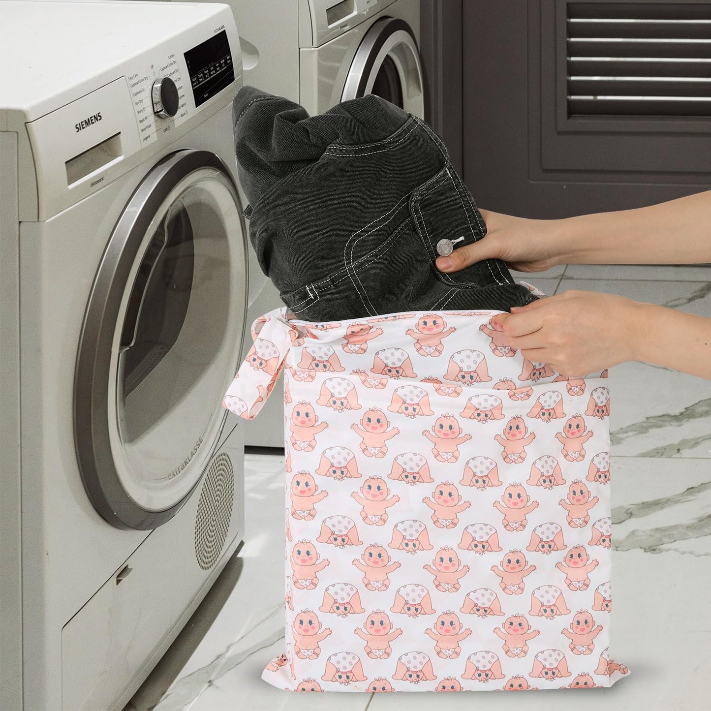 2pcs Travel Waterproof Laundry Bag, Cloth Diaper Wet Dry Bags with Handle & 2 Zipper Pockets, Reusable Washable Dirty Clothes Bag for Baby Adult Travelling Hanging, Bathing Beach Pool Daycare