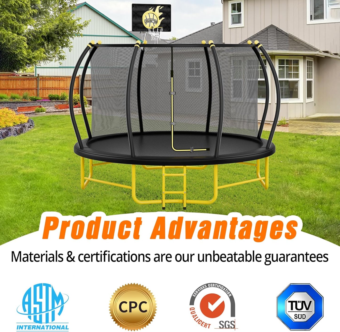 10FT 12FT 14FT 16FT Pumpkin Trampoline for Kids Adults, ASTM Approved Outdoor Recreational Trampoline with Basketball Hoop, Enclosure Net, Yellow