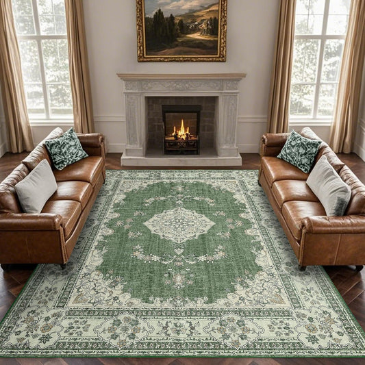 10x14 Area Rug Washable: Oriental Soft Area Rug for Living Room Bedroom No Shedding - Low Pile Thin Carpet Rug for Dining Room Non Slip - Boho Vintage Rug for Home Decor - Olive Green