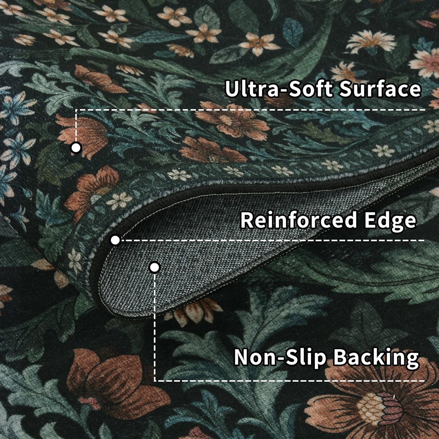 8x10 Washable Area Rug for Living Room, Large Vintage Black Floral Rugs, Soft Non-Slip Stain Resistant Boho Lightweight Carpet for Bedroom Dining Room Nursery Home Office