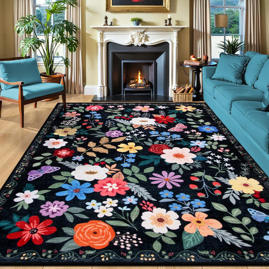 10x14 Area Rugs for Living Room: Floral Washable Rug Vintage Large Soft Boho Non-Slip Carpet Stain Resistant Low Pile Carpets for Bedroom Dining Room Farmhouse Nursery Hallway Home Office Black