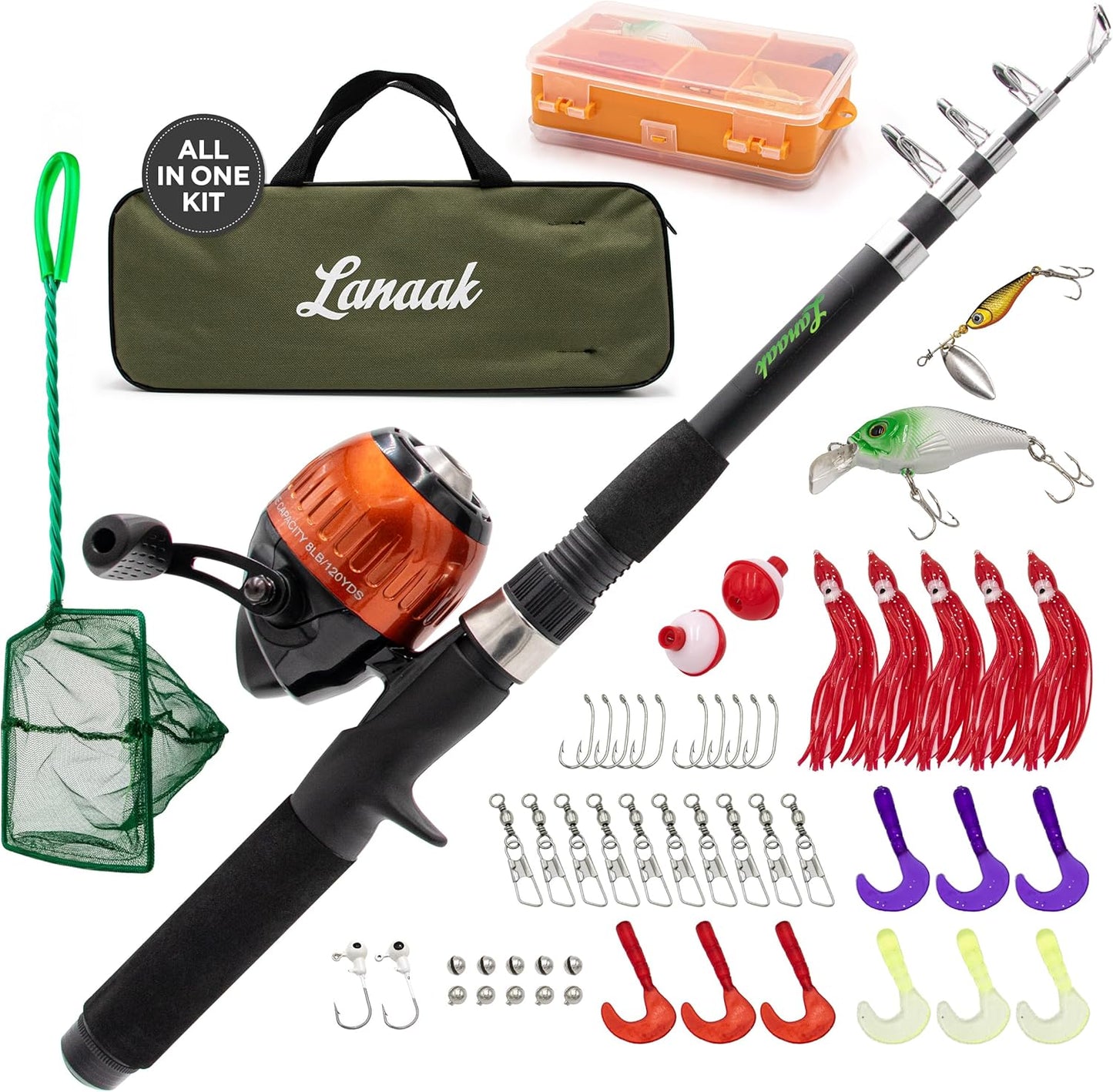 Kids Fishing Pole, Kids Portable Telescopic Fishing Rod Set, Tackle Box and Fishing Net Combo Kit, Kids Fishing Gear for Boys and Girls Age 5-10 and Youth