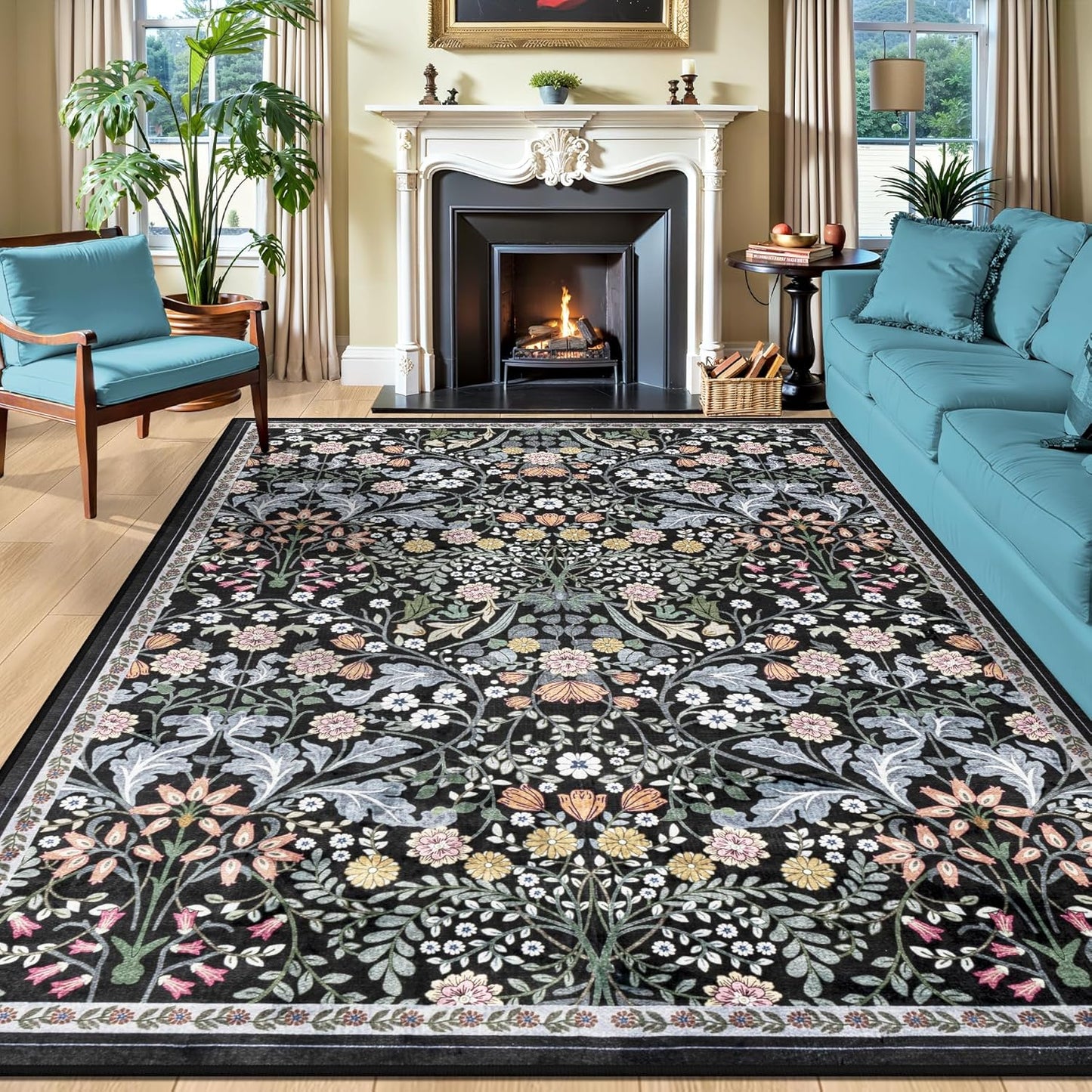 10x12 Area Rugs for Living Room: Floral Washable Rug Vintage Large Soft Boho Non-Slip Carpet Indoor Stain Resistant Low Pile Carpets for Bedroom Dining Room Farmhouse Nursery Home Office Dark Black