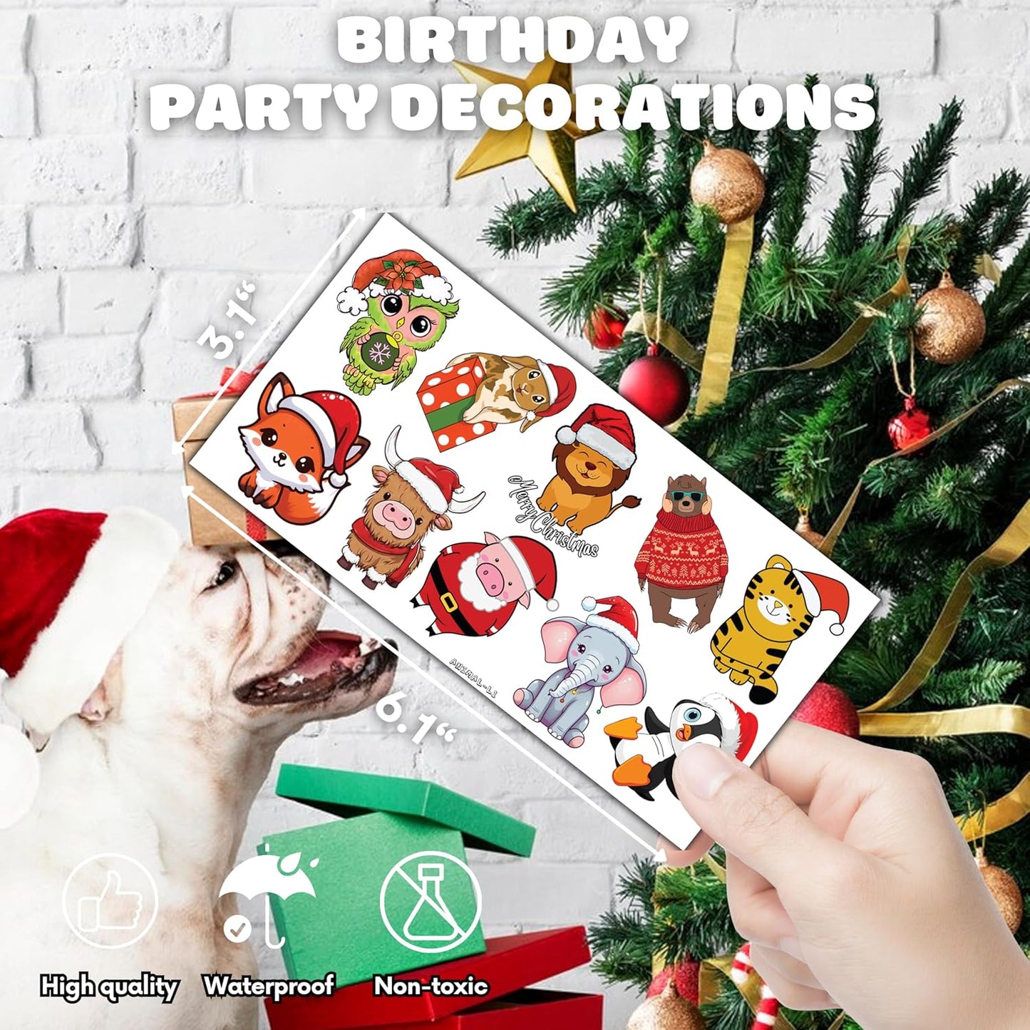 100 PCS Noel Christmas Animal Temporary Tattoos Sticker Jungle Birthday Christmas Party Decorations Supplies Favors Gifts Boys Girls Safari Zoo Cute Fake Tattoo School Reward Themed Santa Claus Xmas