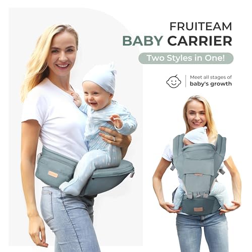 FRUITEAM 6-in-1 Baby Carrier with Waist Stool/Hip Seat for Breastfeeding, One Size Fits All - Adapt to Newborn, Infant & Toddler (Blue)