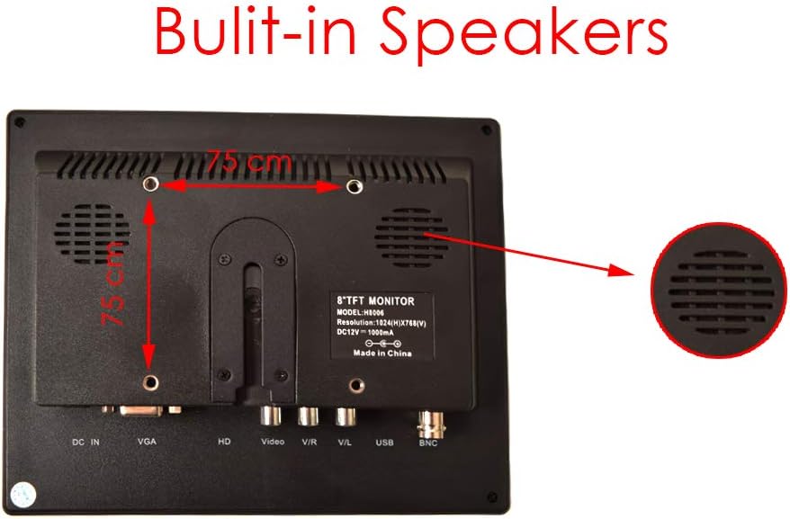 8 inch CCTV Monitor, TFT LCD Security Screen with VGA HDMI AV BNC USB Audio in/Out Ports Built-in Speaker, HD Display for Surveillance Camera STB 1024x768 Resolution with Car Power Adapter 12-24V