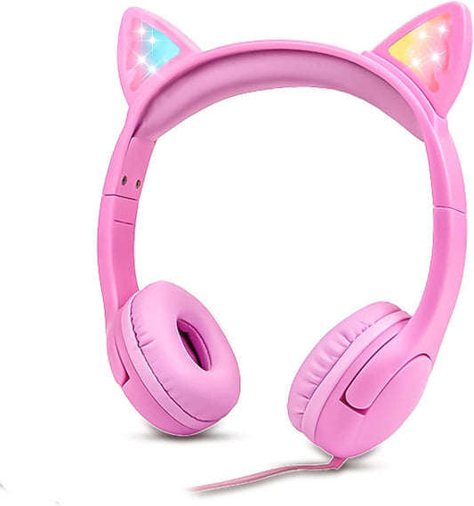 Olyre Girls Headphones with LED Light Up Cat Ears and Sharing Port 85db Volume Limited Kids Headphones,On-Ear LED Children Earphones for School Learning Travel - All Pink