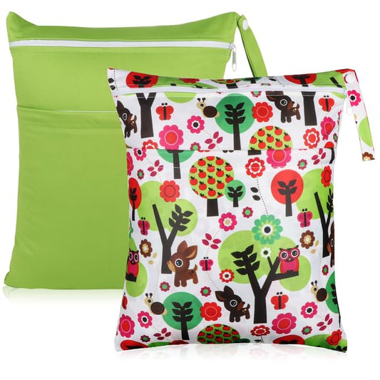 Angel Love Baby Cloth Diaper Wet/Dry Bags, 2 Pack With Two Zippered Pockets, Waterproof Washable Reusable for Travel, Beach, Pool, Gym, Swimsuits or Wet Clothes, L0113