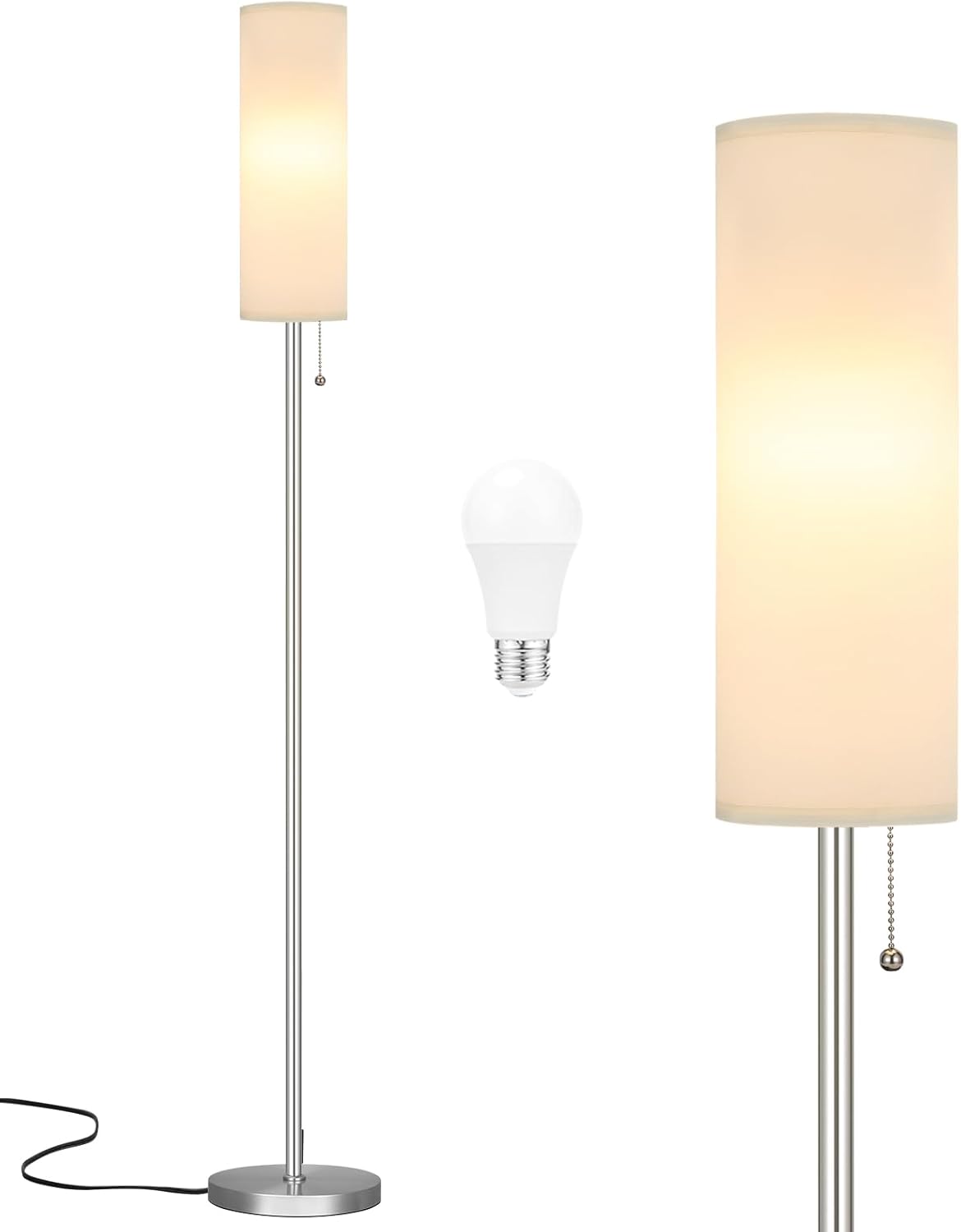 Ambimall Floor Lamp for Living Room with 3 Color Temperatures Bulb, 64" Standing lamp with Linen lampshade for Bedroom, Minimalist Pole Lamp, White Shade & Silver Pole