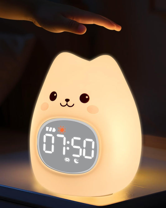 Cat Alarm Clock for Kids with Night Light, Sleep Training Clock Time to Wake Clock, Rechargeable Silicone Light for Bedroom, Perfect Sleep Companion for Boys Girls