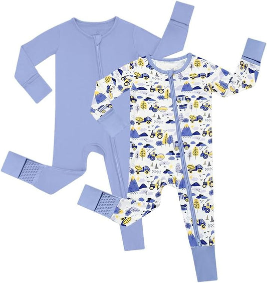 JunNeng 2Pcs Baby Rayon from Bamboo Sleeper with Mitten Cuffs, Footless Zipper Cozy Pjs, Non-Slip Soles Romper