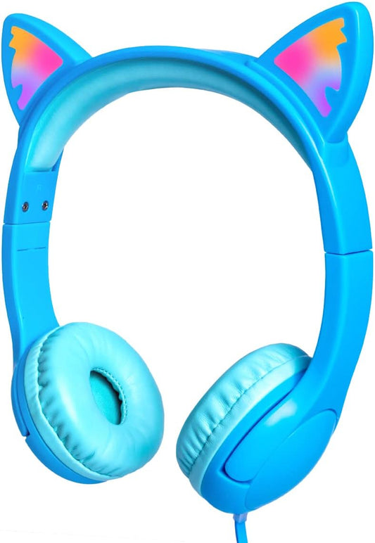 Olyre Kids Headphones with Sharing Port and Microphone, Girls Boys Headphone LED Cat Ears 85dB Volume Limited for Children/Toddler Wired On Ear for Tablets/E-Readers/Online/School/Travel - Blue