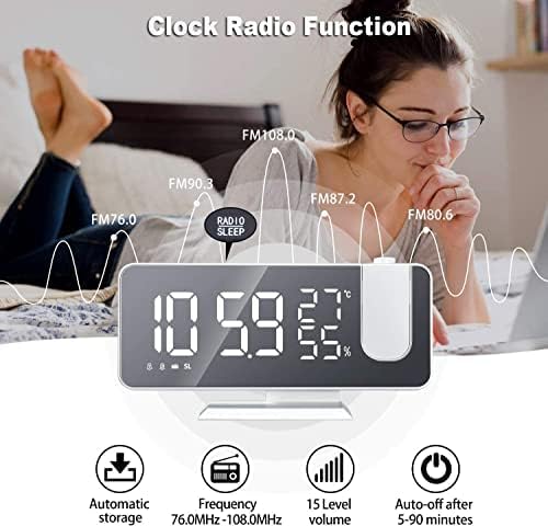 Projection Digital Alarm Clock for Bedrooms, Clock Radio on Ceiling, USB Charger Port, Temperature & Humidity Display, 7.3” Large Mirror LED Display,12/24H,Snooze,Dual Loud Alarm Clock- 4 Dimmer