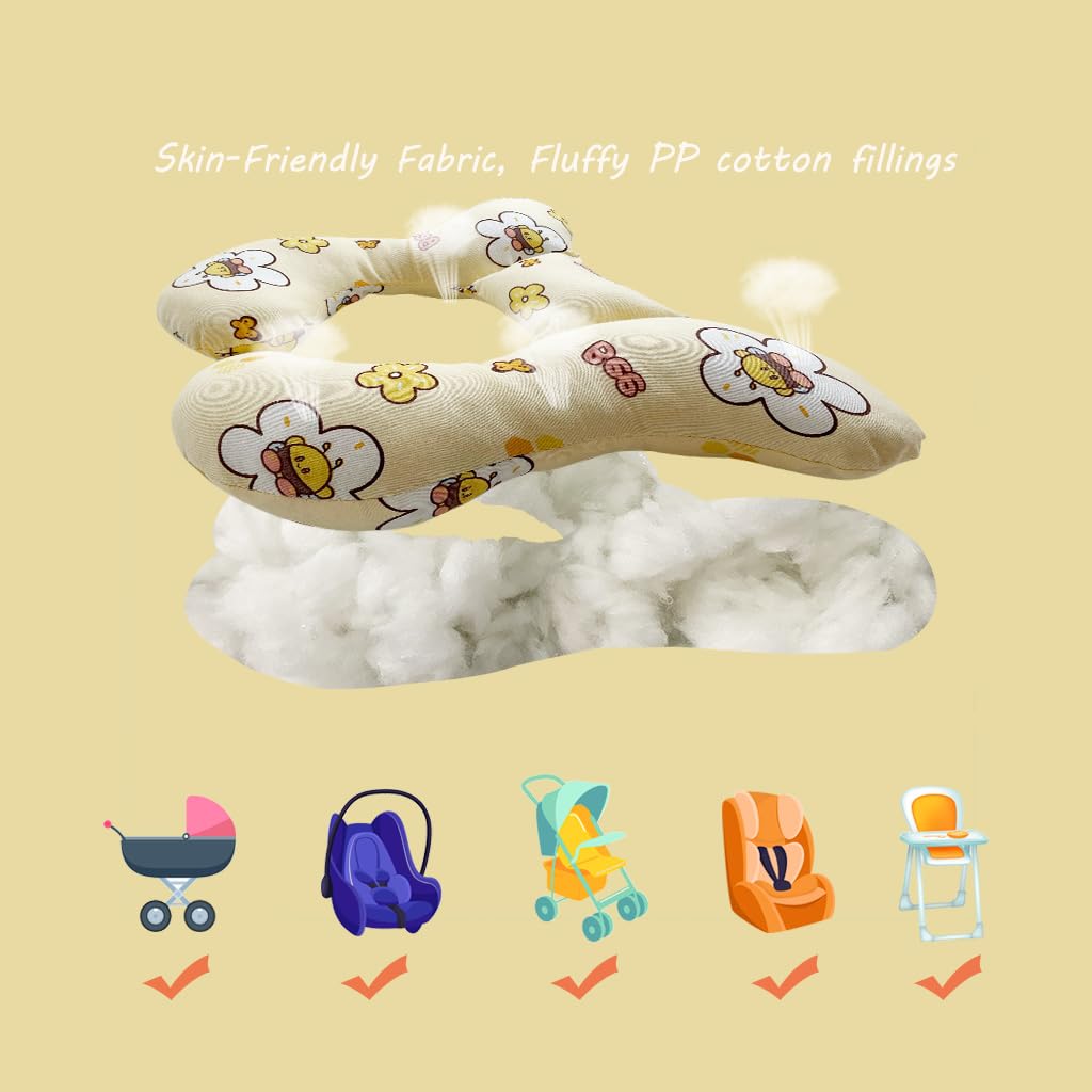 Baby Neck Pillows, Comfortable Baby Travel Head Neck Support Pillow for Car Seat Stroller Pushchair, Soft PP Cotton Travel Pillow for 0-1 Year Old Toddler Infant Newborn, Bee