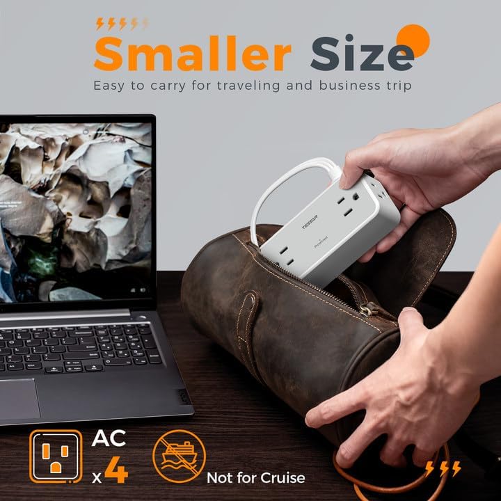 5FT Flat Extension Cord, TESSAN Surge Protector Power Strip with 4 Widely Spaced AC Outlets, 900 Joules Surge Protection, Ultra-Thin Flat Plug Desk Charging Station for Home Office Dorm Essentials