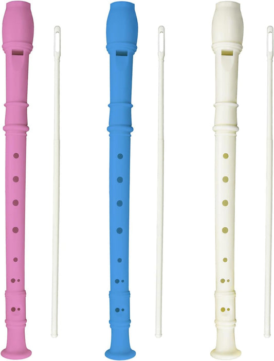 3 Pack 8 Hole Soprano Recorders Descant Flute With Cleaning Rod German Style for Beginner Graduation or Back to School Gift (blue, pink, white)