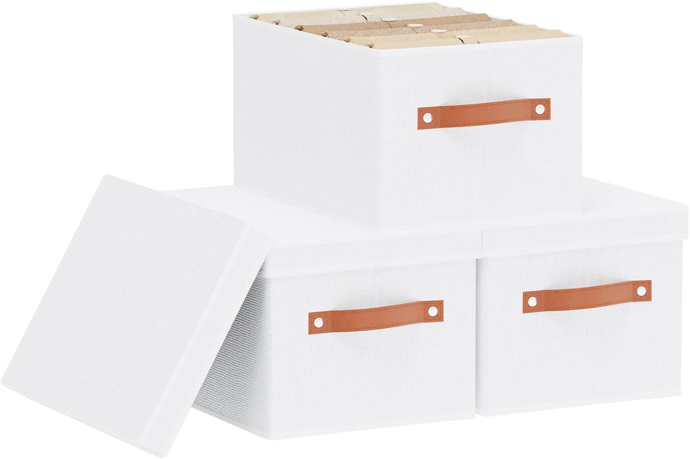 Fabric Storage Bins, 7.1 x 9.1 x 13 Inch Clothes Boxes for Shelves with Lids, Baskets for Organizing with Handles, Decorative Linen Closet Organizers, White, 3 Pack
