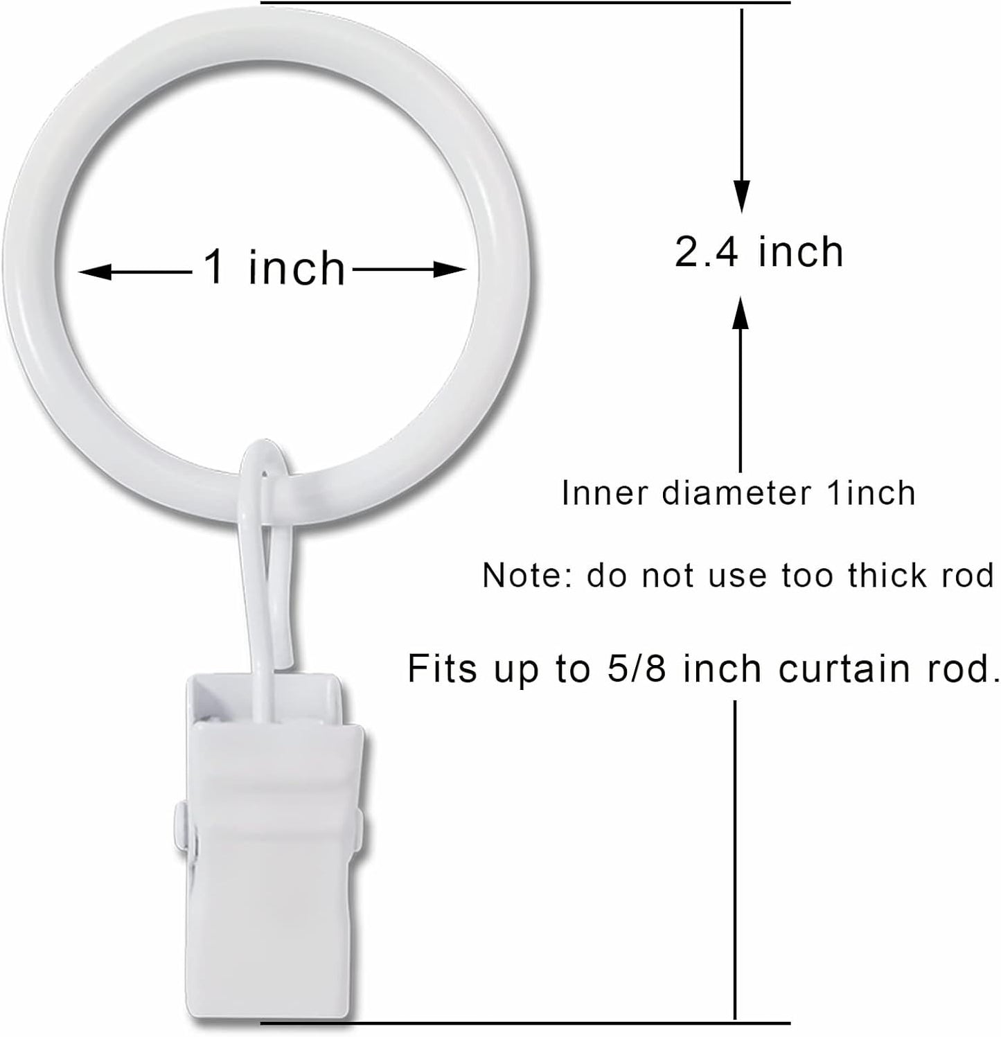 44 Pack White Curtain Rings with Clips, Curtain Hooks Hangers Clip Rings for Hanging Drapes Bows Hat, Drapery Rings 1 in I D, Fits up to 5/8 in Diameter Curtain Rod.
