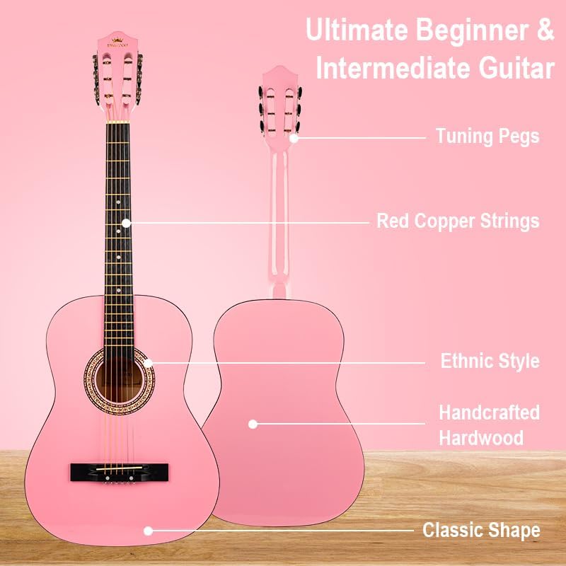 38in Beginner Acoustic Guitar Basic Starter Kit Tuner Bag Capo Strings Winders Strap Picks Student/Kids Guitar Pickguard with Gig Bag Pink