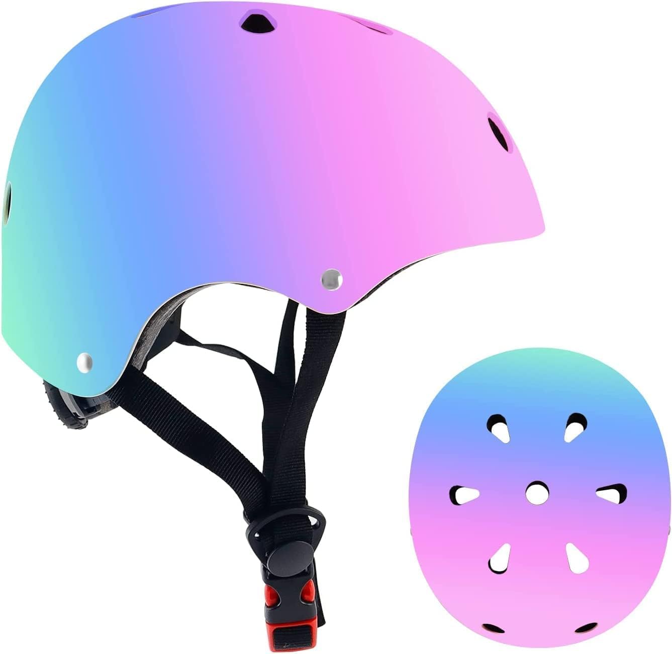 Adjustable Color Gradient Skateboard Helmet for 3-5-8-14+Ages【Toddler Kids Youth Adult】 Girls Boys Woman.Bike Helmet for Multi-Sports Cycling Bicycle Scooter Inline Roller Skate Rollerblading