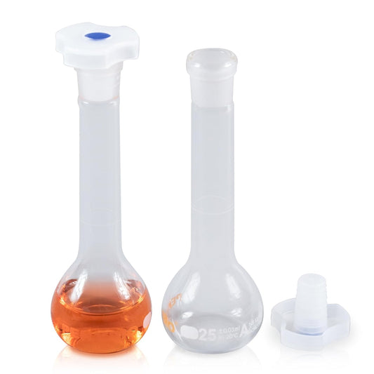 25ML Volumetric Flask Set|ASTM Class A 3.3 Borosilicate Glass|Polypropylene Stopper|White Graduation|for Analytical Chemistry Work|2PCS