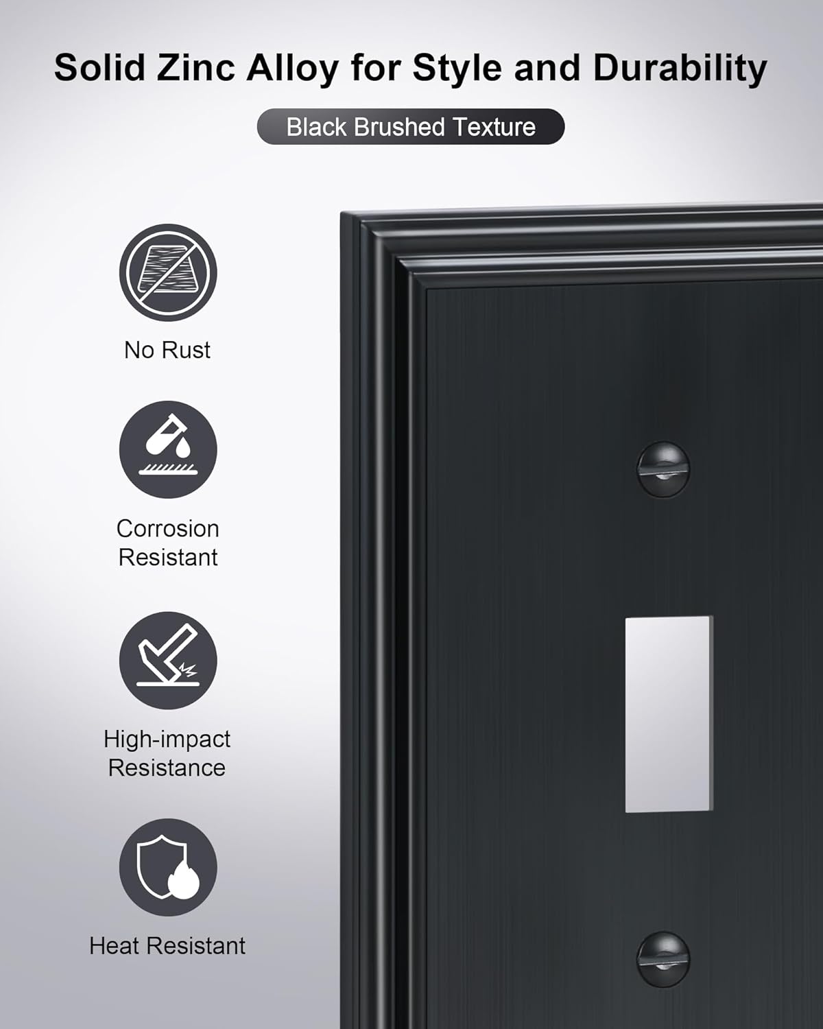 6-Pack Single Toggle Light Switch Cover Plate, Durable Solid Zinc Alloy Decorative Switch Plate Covers, Black 1 Gang Wall Plate, Corrosion Resistant