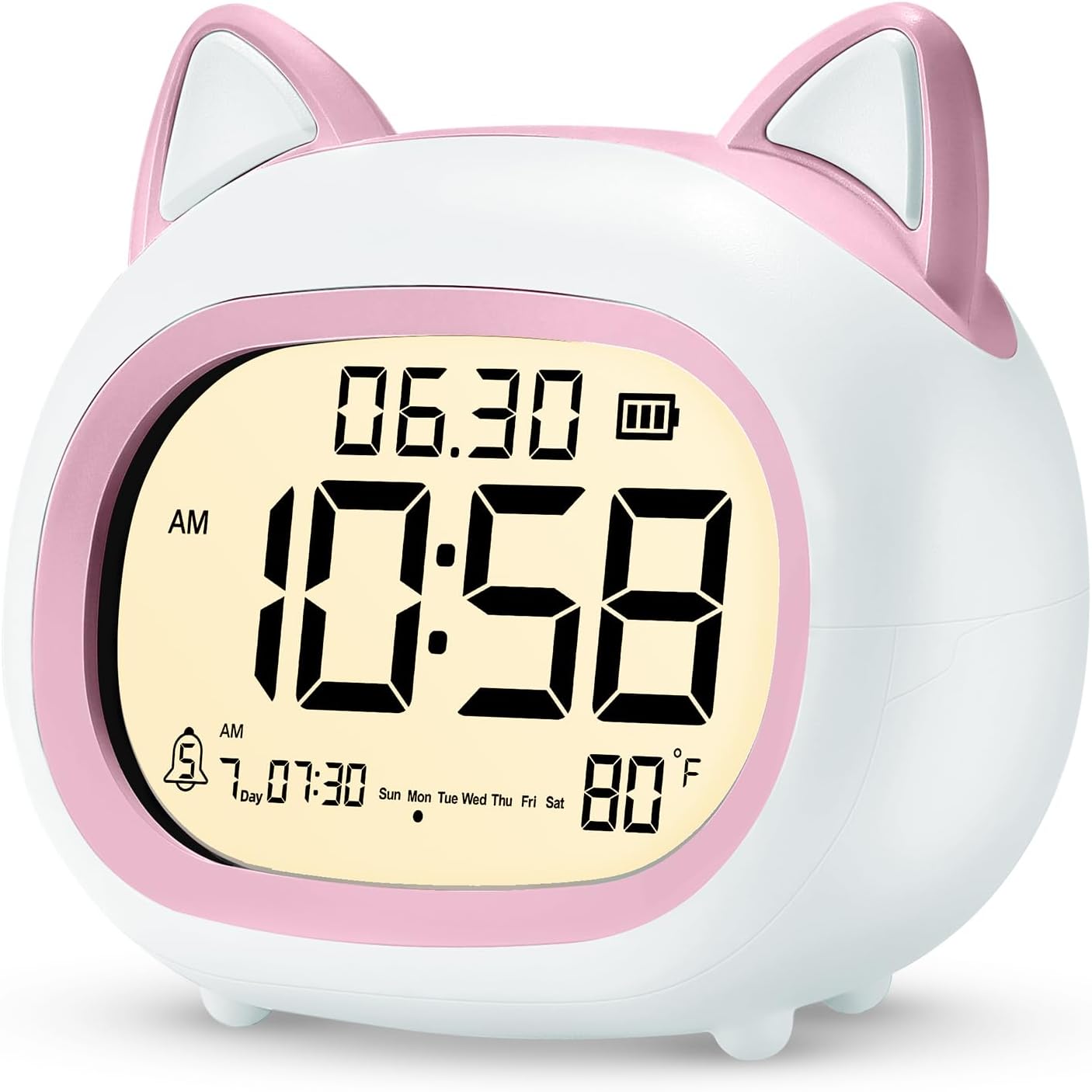 Kids Alarm Clock with Night Light for Kids, Small Digital Alarm Clocks for Bedrooms, Routine Builder, Cute Cat Alarm Clock with Sleep Training, Snooze, 12/24H, Date & Day, Temperature, USB Port