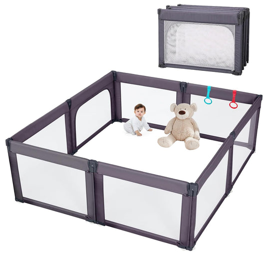 Foldable Baby Playpen, Shape & Size Adjustable Playpen for Toddler, 79x71 Large Play Pens Safety Mesh Foldable Playard for Babies, Portable Baby Fence Play Area Kids Play Pen, Dark Grey