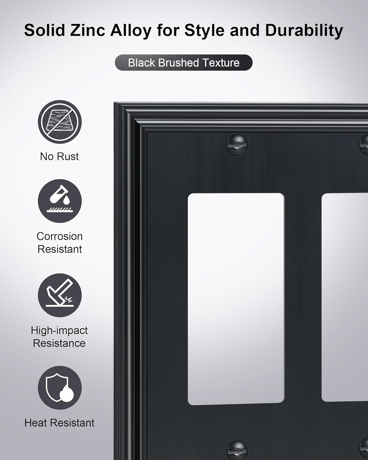 2-Pack Decorative Tripple Decorator Outlet Cover Plate, Durable Zinc Alloy Black Wall Plates for Electrical Outlets, Receptacle, GFCI Outlet, Dimmer Switch, 3-Gang, Corrosion Resistant