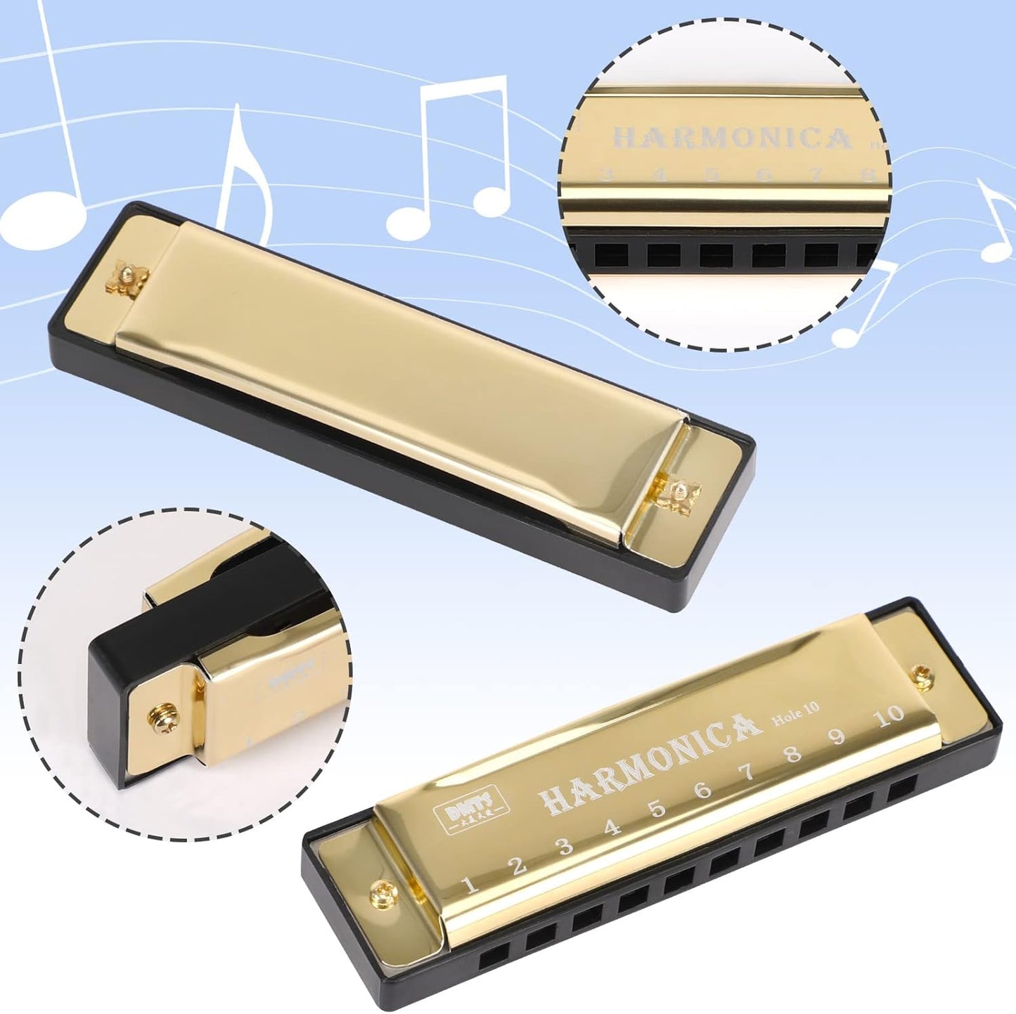 UPINS Harmonica, 4PCS Key of C 10 Hole 10 Tones Titanium Color Harmonica with Case for Beginner Students(Gold, Silver, Pink, Blue)
