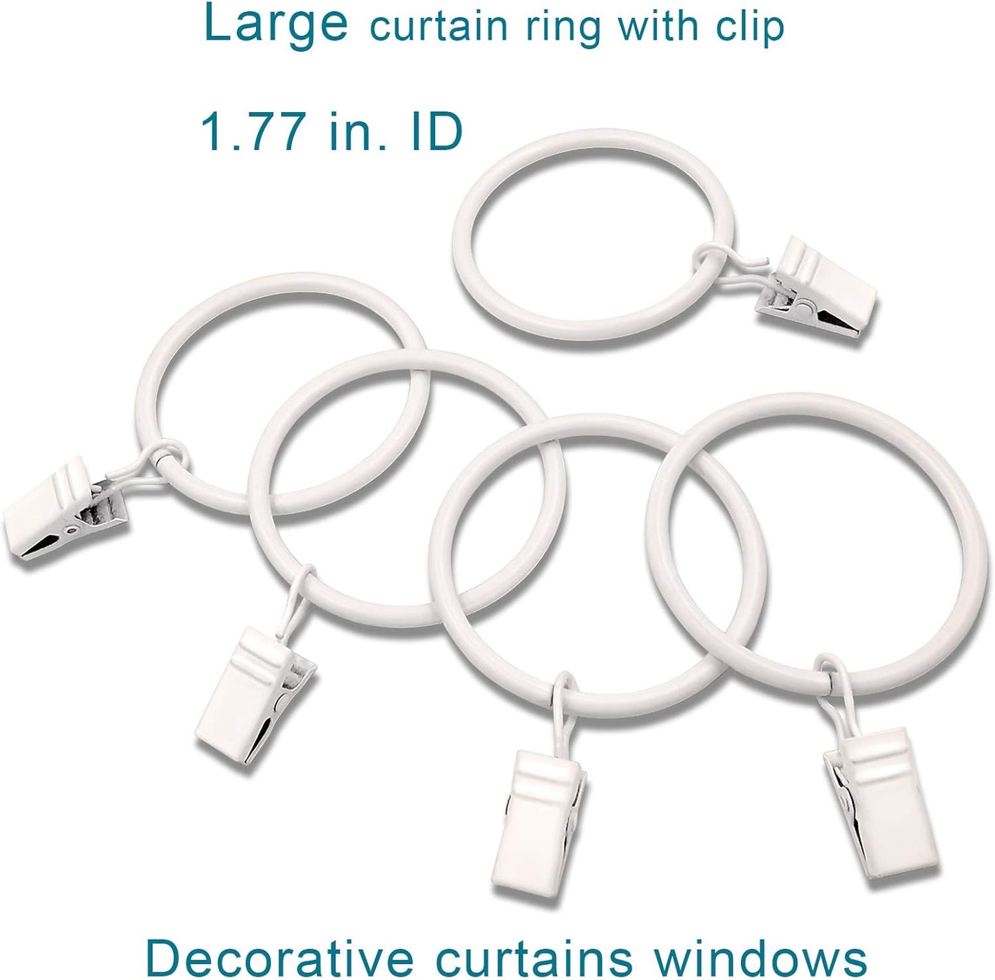 20 Pack White Curtain Rings with Clips, Curtain Hooks Hangers Clip Rings for Hanging Drapes Bows Hat, Drapery Rings 1.77 in I D, Fits up to 1.5 in Diameter Curtain Rod.