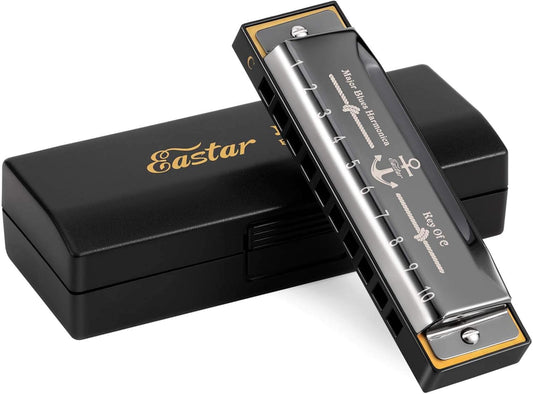 Eastar Major Blues Harmonica, 10 Holes C Key Beginner for Kids Children Adults Students, with Hard Case and Cloth, Black