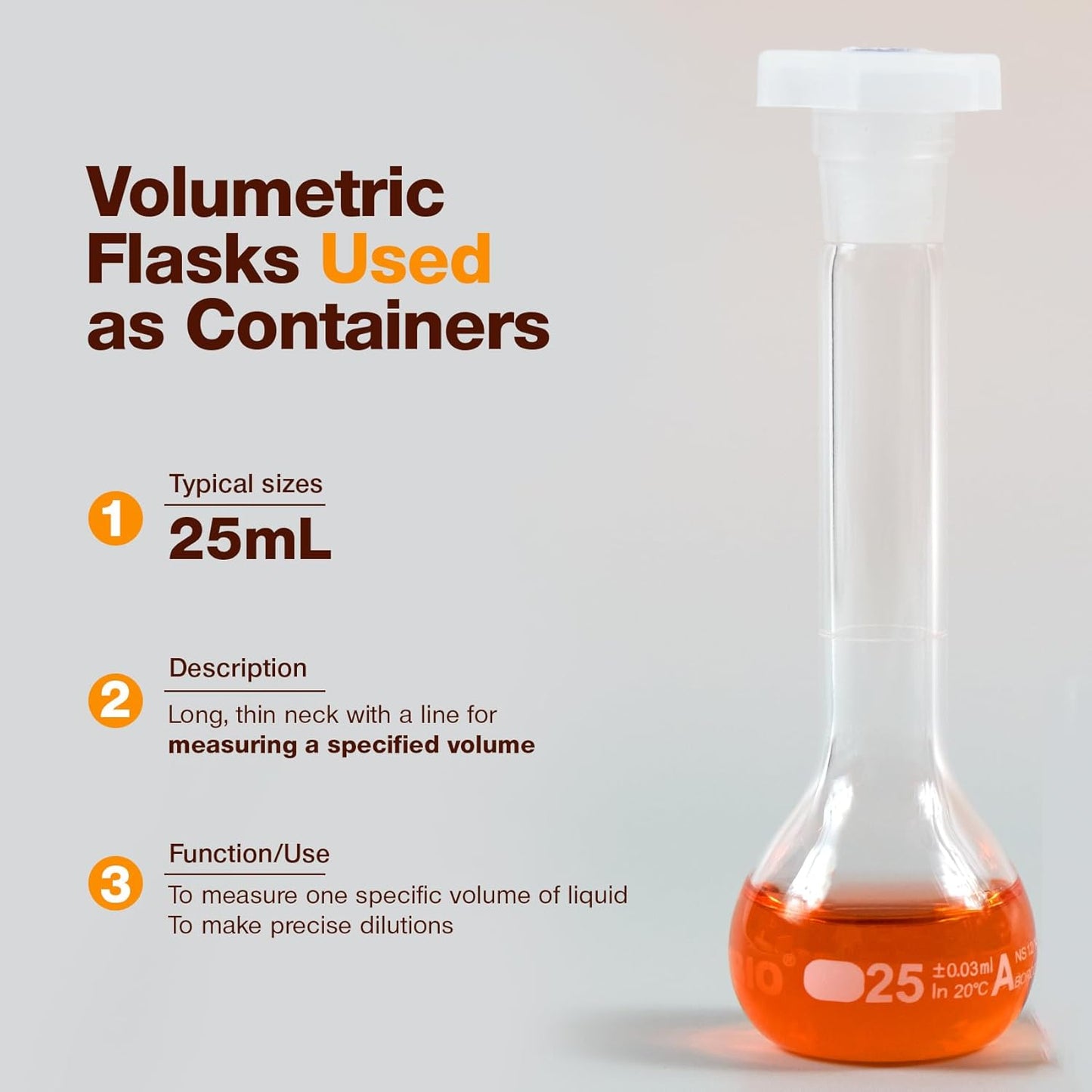 25ML Volumetric Flask Set|ASTM Class A 3.3 Borosilicate Glass|Polypropylene Stopper|White Graduation|for Analytical Chemistry Work|2PCS