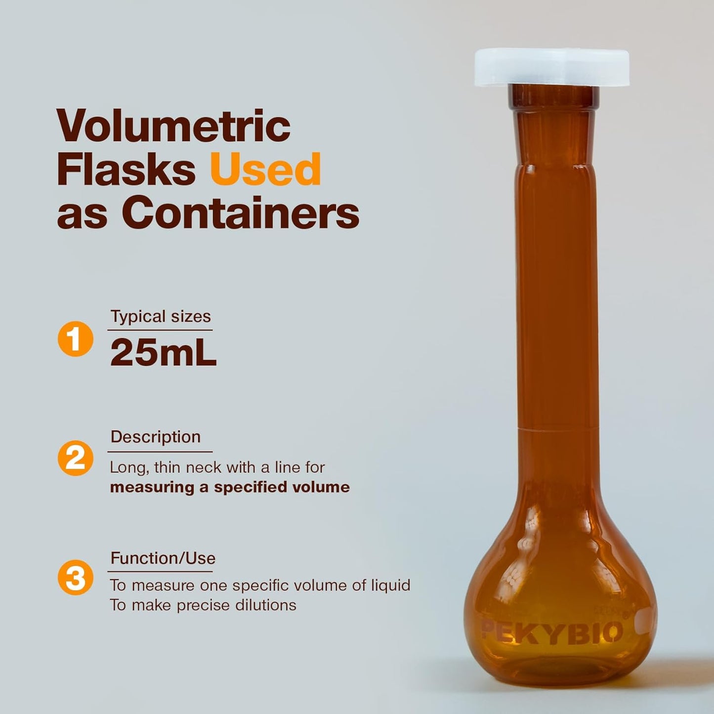 25ML Amber Volumetric Flask Set|ASTM Class A 3.3 Borosilicate Glass|Polypropylene Stopper|White Graduation|for Analytical Chemistry Work|2PCS