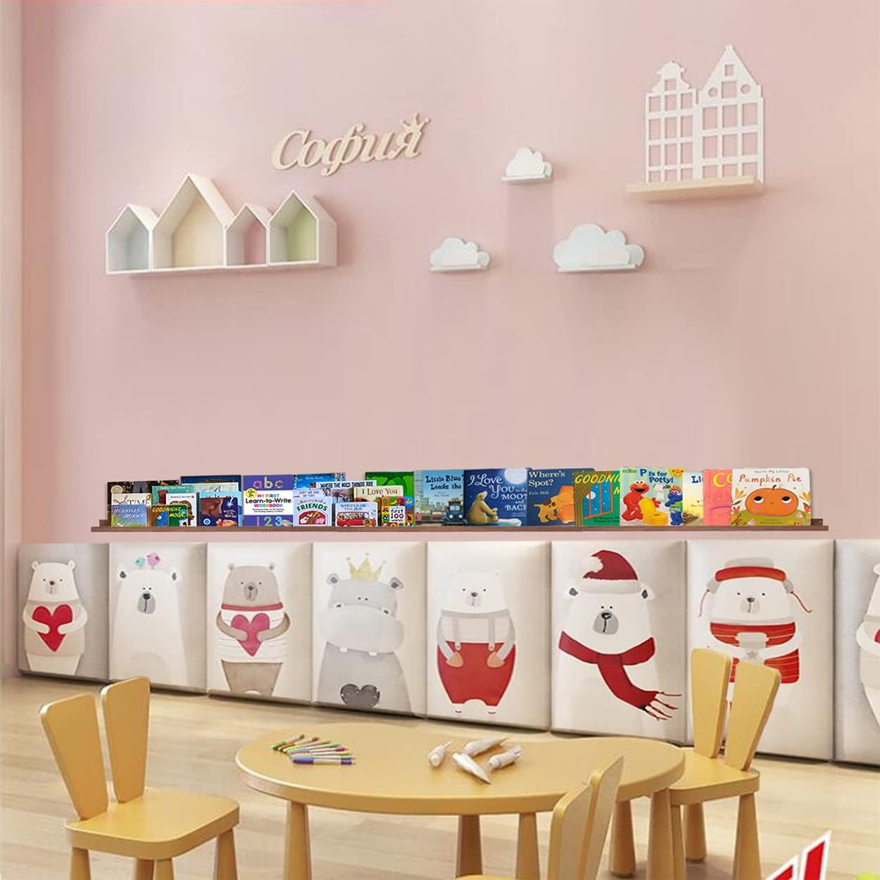 36 Inch Picture Ledge Shelf Rustic Wall Mount Light Walnut Long Narrow Picture Shelves Storage for Books Toys Music Albums Green Plants-Photo Ledge Shelf Set of 3 Mounting Hardware Include