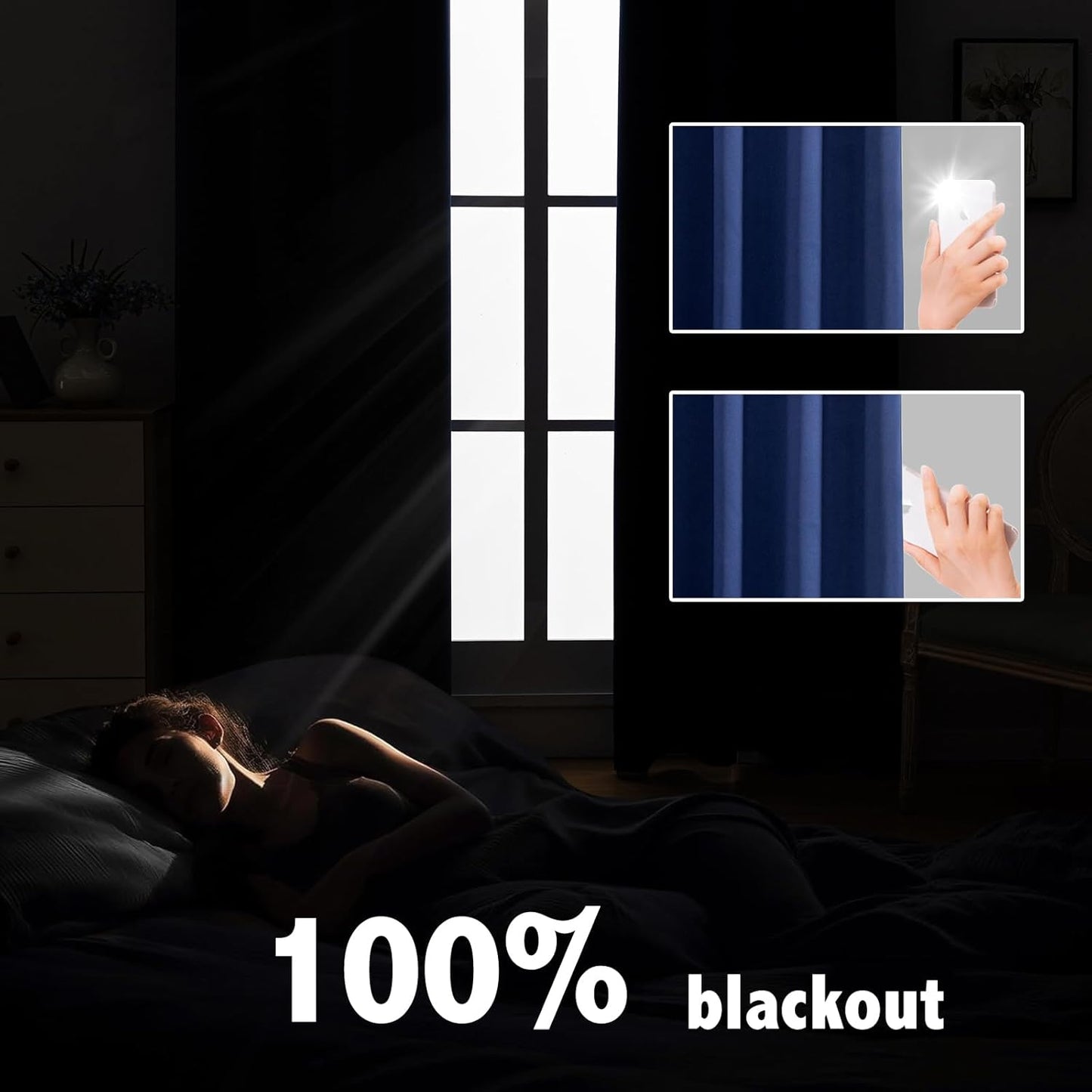 Anytime 100% Blackout Curtain Set, Thermal Insulated & Energy Efficiency Window Draperies for Guest Room, Full Shading Panels for Shift Worker and Light Sleepers（Navy Blue, 2 Panels, 52W x 84L）