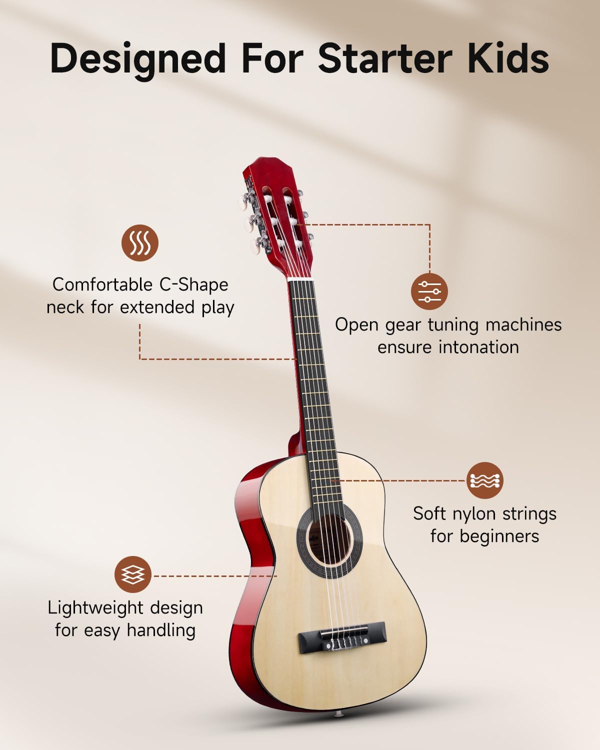 Moukey 30" Acoustic Guitar for Beginners Kids Youth 1/4 Size Dreadnought Guitarra Acustica Kit with Chord Poster, Gig Bag, Tuner, Picks, Nylon Strings, Capo, Strap - Natural