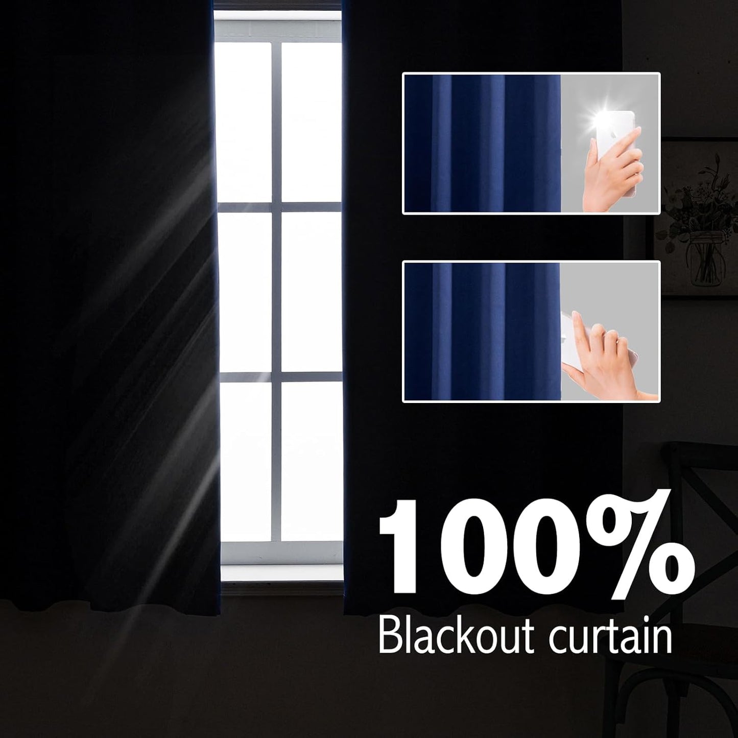 Anytime 100% Blackout Curtain Set, Thermal Insulated & Energy Efficiency Window Draperies for Guest Room, Full Shading Panels for Shift Worker and Light Sleepers（Navy Blue, 2 Panels, 52W x 63L）