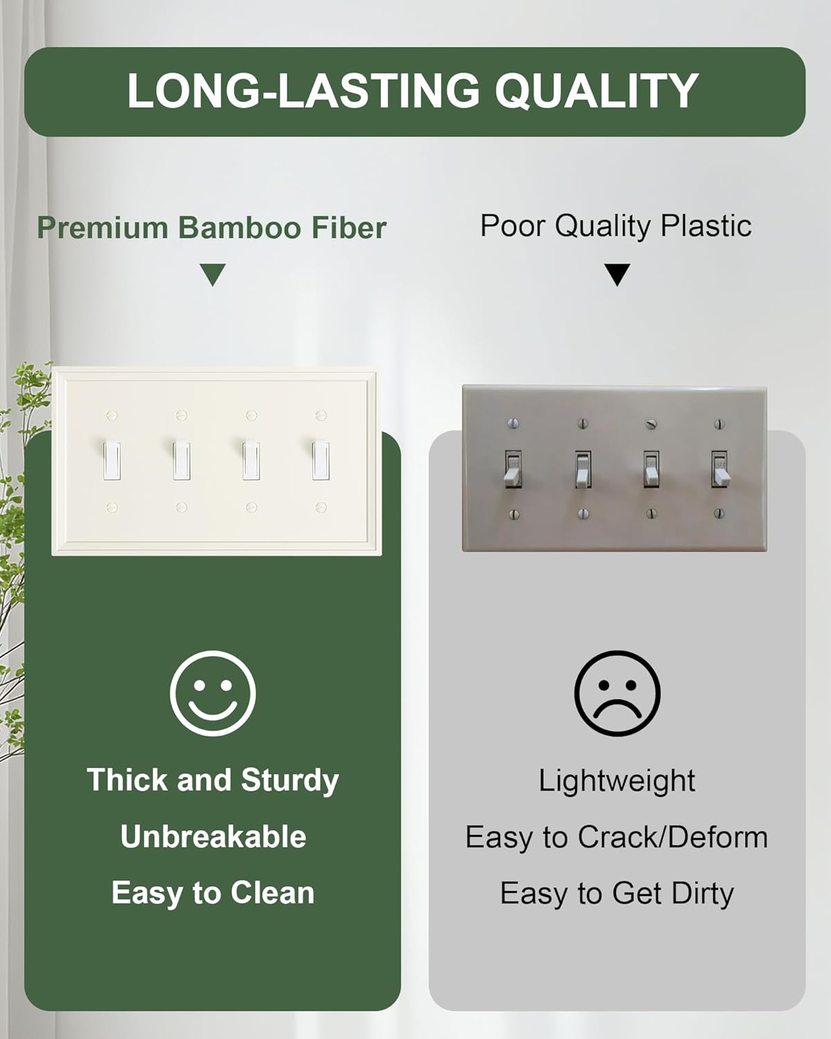 2-Pack Quad Toggle Light Switch Cover Plate, Light Almond Decorative Switch Plate Covers, Natural Bamboo Fiber 4 Gang Wall Plate, Corrosion Resistant