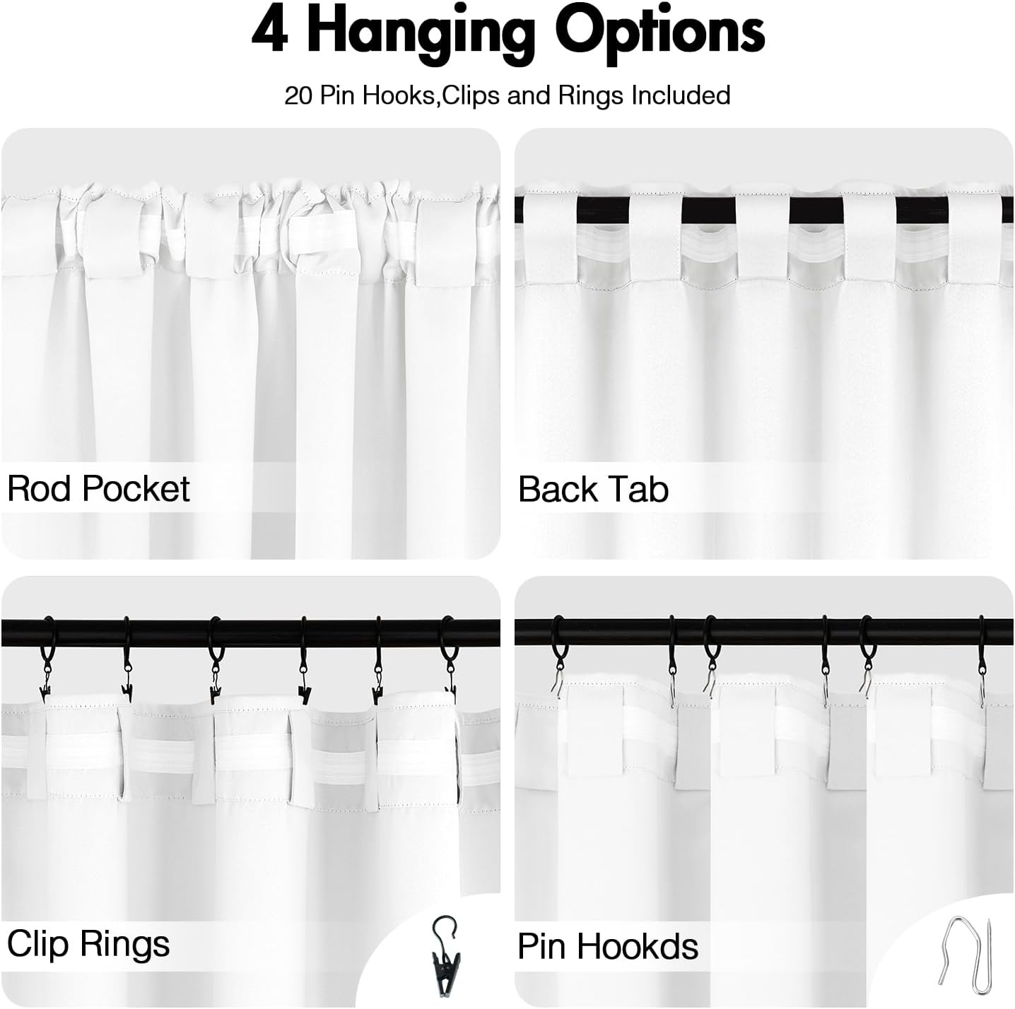 ANRODUO Back Tab Blackout Curtains for Bedroom Living Room, Rod Pocket Pinch Pleated Thermal Insulated Room Darkening Curtains 90 Inches Long 2 Panels, White, 42 x 90 Inch