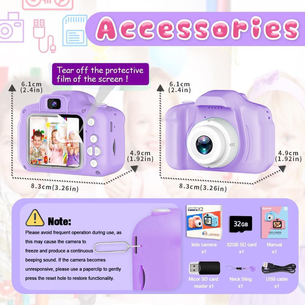 Upgrade Kids Selfie Camera, Christmas Birthday Gifts for Girls&Boys Age 3-9, HD Digital Video Cameras for Toddler, Portable Toy for 3 4 5 6 7 8 Year Old Girls&Boys with 32GB SD Card (Purple