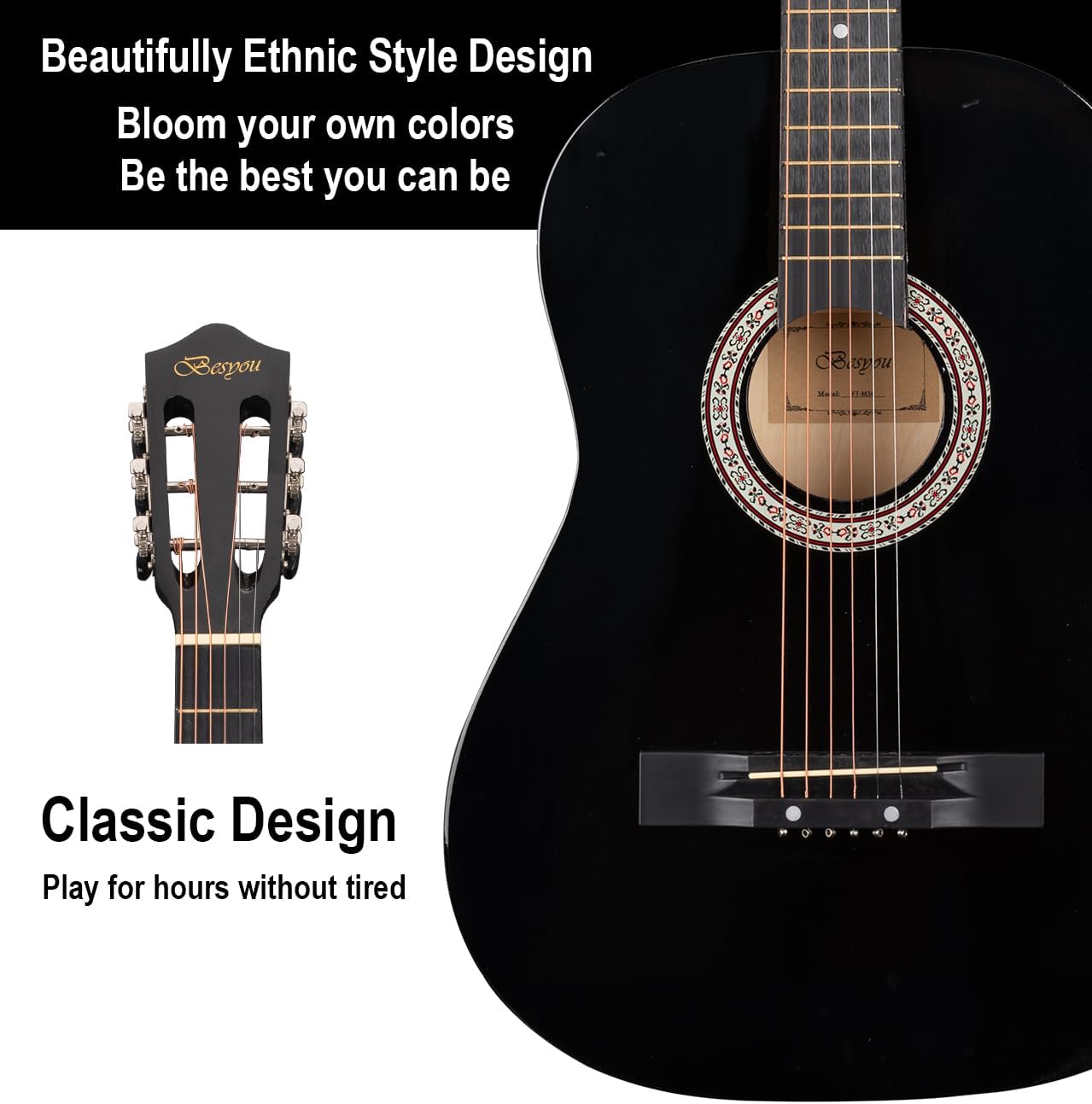 38in Beginner Guitar Acoustic Guitar Basic Starter Kit Tuner Capo Strings Winders Strap Picks Student Kids Adults Guitar Pickguard with Gig Bag