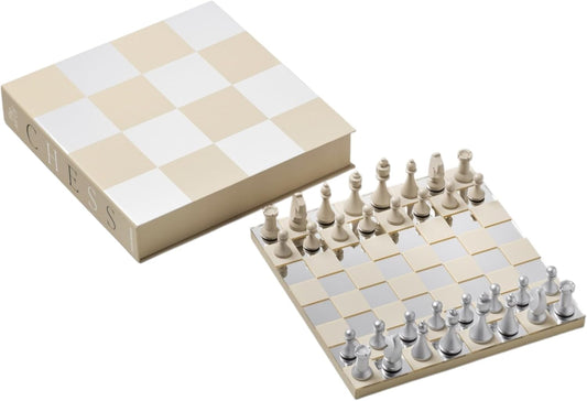 Classic – Art of Chess, Mirror – Beige & Silver Wooden Chess Set with Mirrored Acrylic Board – Stylish Coffee Table Game for Adults & Kids Ages 5+ – Multilingual Instructions Included