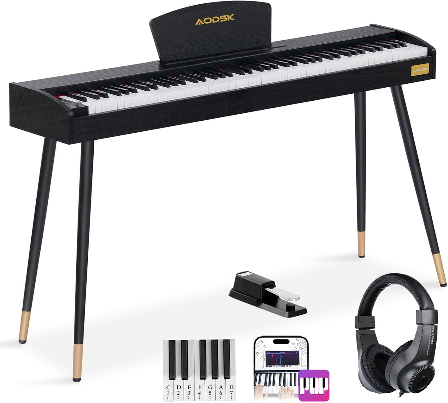 AODSK Beginner Digital Piano 88 Key Keyboard,Full-size Electric Piano for Beginners,with Sheet Music Stand,Pedal,Power Adapter,Headphone Mode,USB-MIDI,Piano Lessons,Black,-Comes with headphones